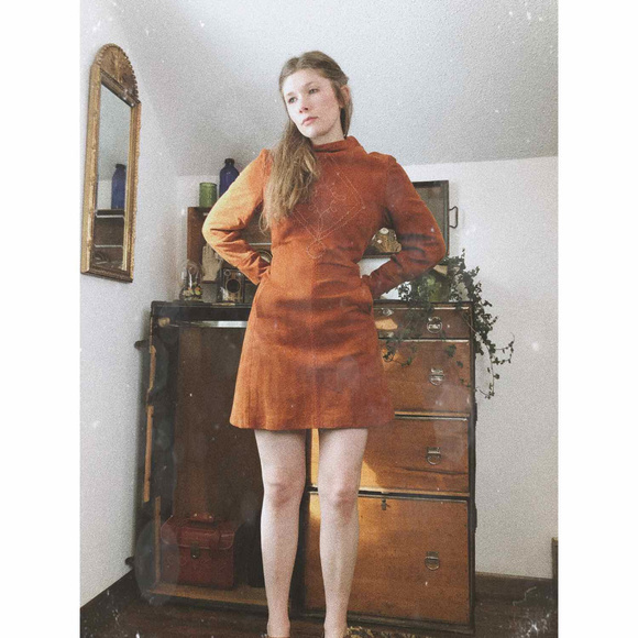 Vintage Dresses & Skirts - Vintage 70's Embroidered Suede Long Sleeve Dress